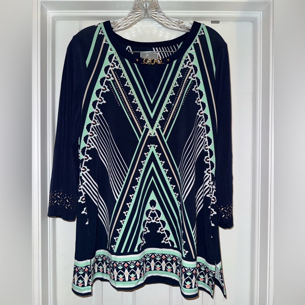 JM Collection Blue and Green Graphic 3/4 Sleeve Blouse